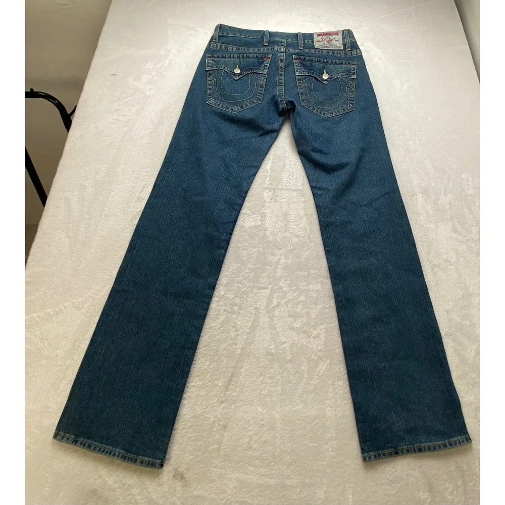 True Religion Nathan Straight Leg Jeans Mens 34x34 Blue Denim Made in USA Button